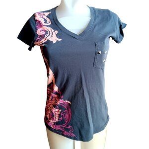 Small Cruel Girl T-shirt Womens V-Neck Tee Studded Pocket Pink/Gray